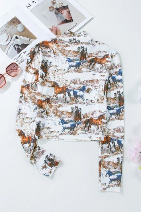 Cutout Printed Mock Neck Long Sleeve Shirt