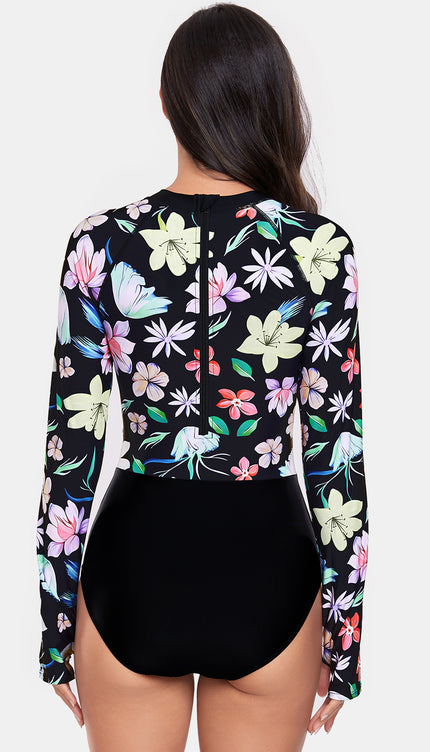 Flower Round Neck Long Sleeve One-Piece Swimwear