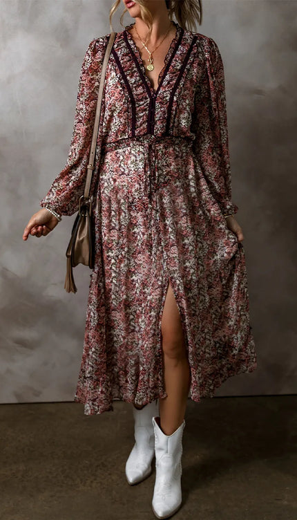 Modish Print V-Neck Long Sleeve Midi Dress