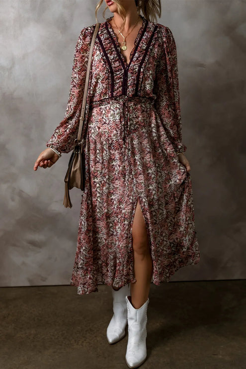 Modish Print V-Neck Long Sleeve Midi Dress