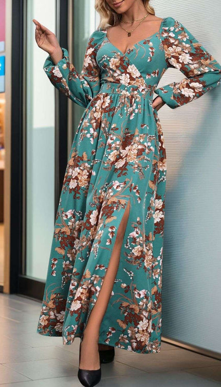 Perfee Slit Printed Surplice Long Sleeve Maxi Dress