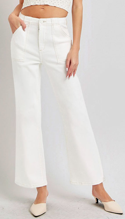 RISEN High Rise Ankle Flare Jeans with Patch Pockets