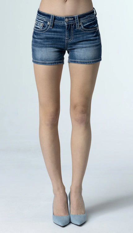 Miss Me Mid-Rise Pastel Cross Denim Shorts