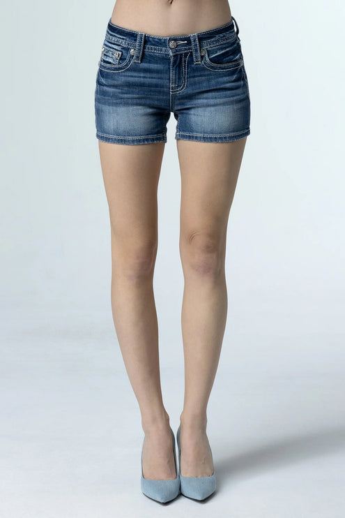 Miss Me Mid-Rise Pastel Cross Denim Shorts