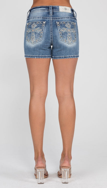 Miss Me Mid-Rise Pastel Cross Denim Shorts