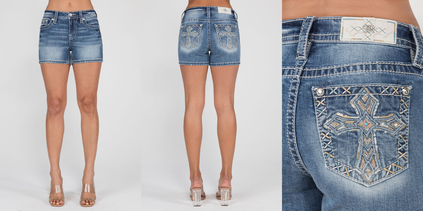 Miss Me Mid-Rise Pastel Cross Denim Shorts