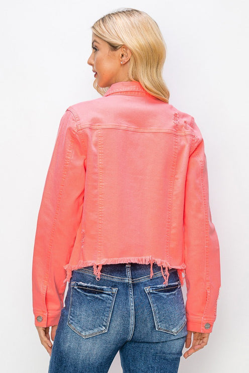 Risen Irregular Fray Hemed Coral Jean Jacket