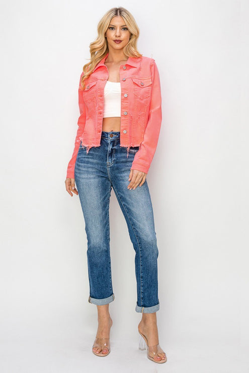 Risen Irregular Fray Hemed Coral Jean Jacket