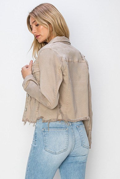 Risen Taupe  Irregular Fray Hemed  DenimJacket