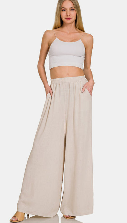 Zenana Pleated Linen Blend Wide Leg Pants-Modish