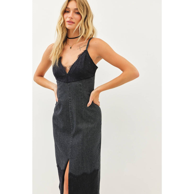 WESTERN WASHED DENIM FITTED DRESS WITH FRONT SLIT AND LACE