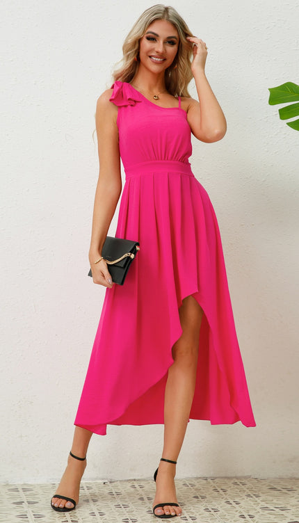 Bow Asymmetrical Neck Sleeveless Dress