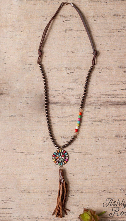 WILD WILD WEST RAINBOW SQUASH BLOSSOM TASSEL PENDANT ON A COPPER NAVAJO PEARL NECKLACE