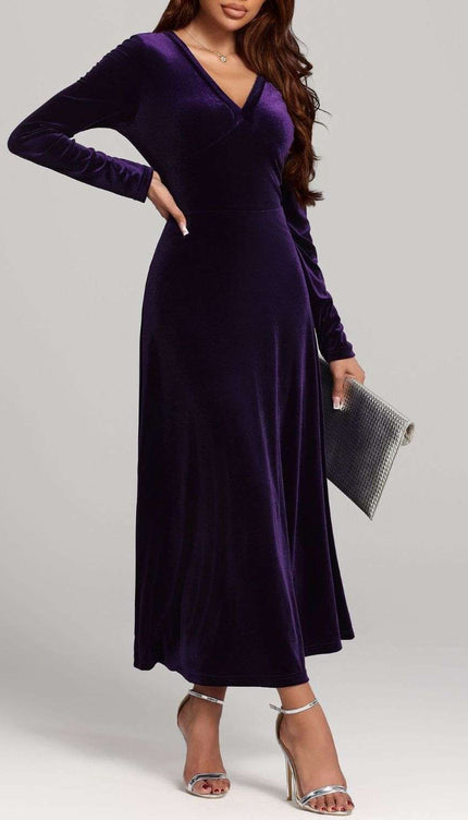 V-Neck Long Sleeve Velvet Dress