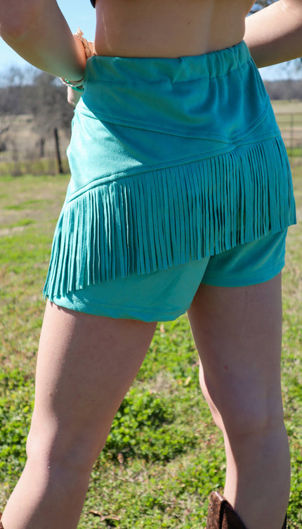 Holy Moly Vegan Suede Fringe Shorts - Turquoise 