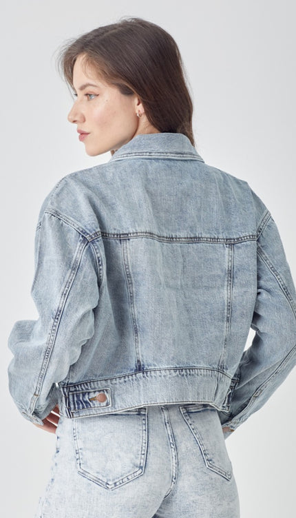 RISEN Full Size Button Down Cropped Denim Jacket