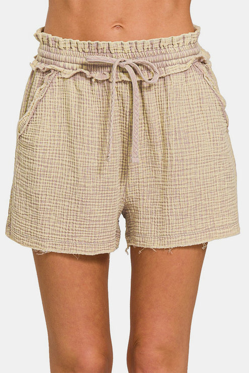 Zenana Washed Frayed Hem Drawstring Shorts-Modish