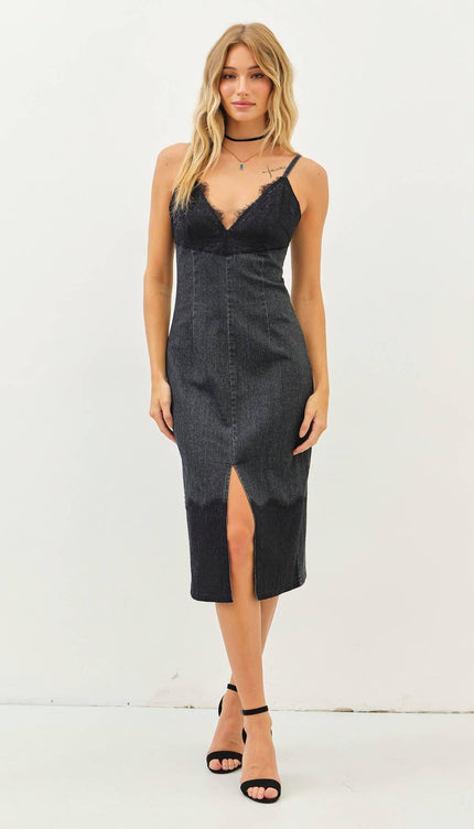 WESTERN WASHED DENIM FITTED DRESS WITH FRONT SLIT AND LACE