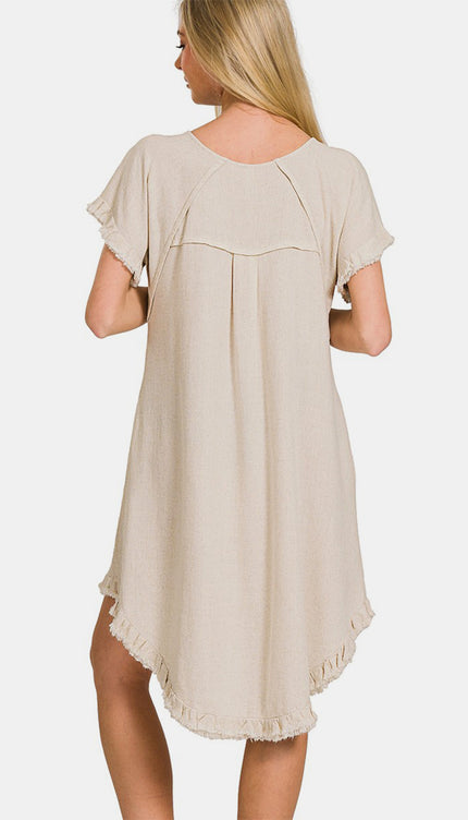 Zenana Fringe Edge High Low Flowy Dress with Pockets