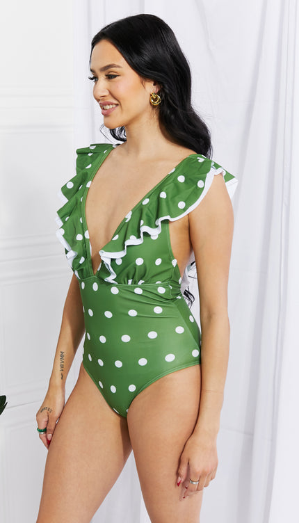 Marina West Swim Moonlit Dip Ruffle Plunge Swimsuit in Mid Green-Modish