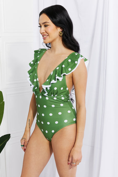 Marina West Swim Moonlit Dip Ruffle Plunge Swimsuit in Mid Green-Modish