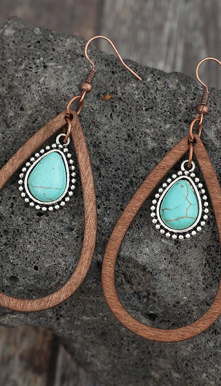 Wooden Turquoise Cutout Teardrop Earrings