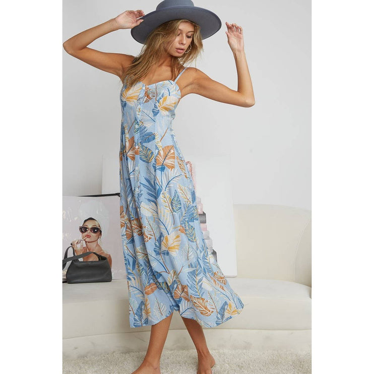 OPEN BACK WITH TIE TROPICAL PRINT DRESS