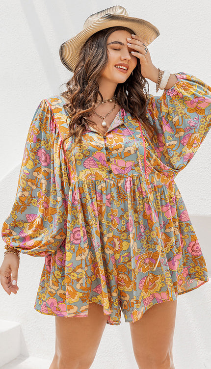 Modish Rustic Chic Plus Size Floral Tie Neck Balloon Sleeve Romper