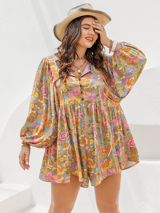 Modish Rustic Chic Plus Size Floral Tie Neck Balloon Sleeve Romper