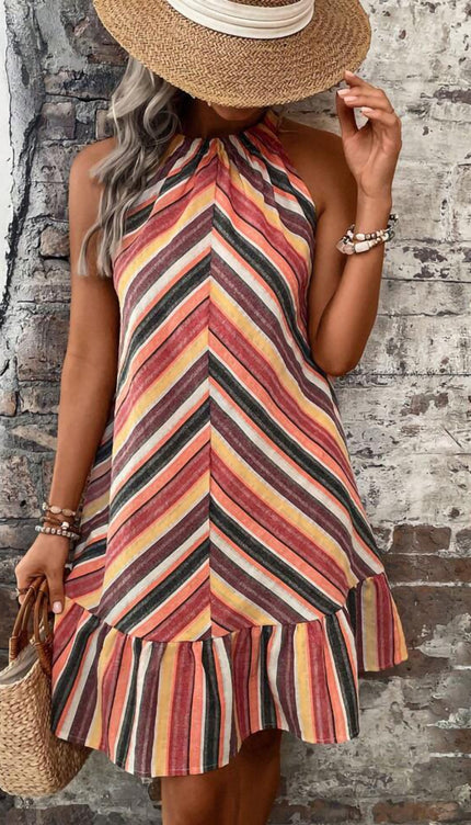 Modish Rustic Chic Striped Grecian Neck Dress