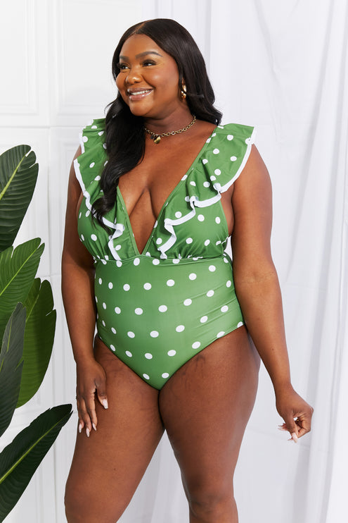 Marina West Swim Moonlit Dip Ruffle Plunge Swimsuit in Mid Green-Modish