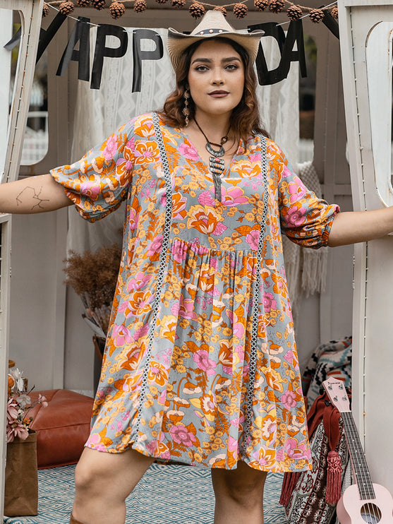 Modish Rustic Chic Plus Size Ruched Print Half Sleeve Mini Dress