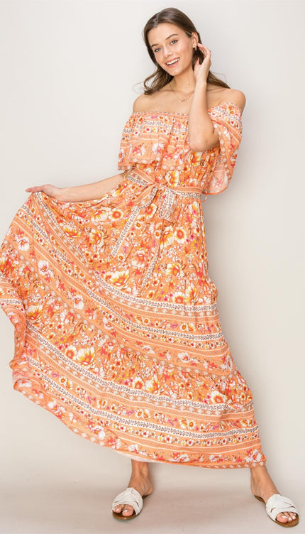 HYFVE Floral Off-Shoulder Tie Front Maxi Dress