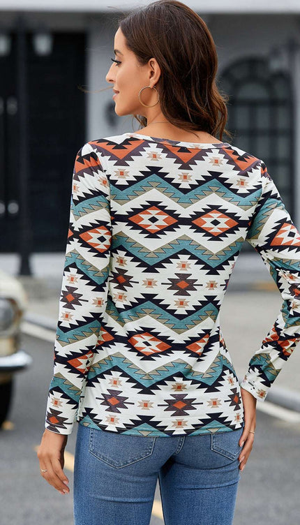 Print Notched Neck Long Sleeve Top