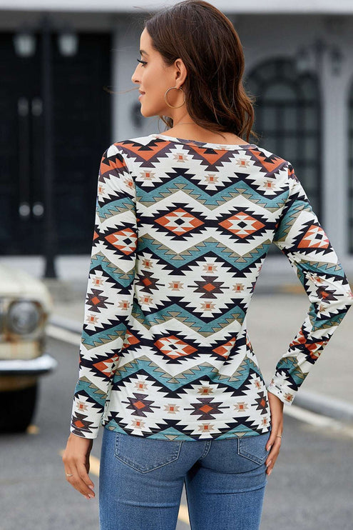 Print Notched Neck Long Sleeve Top