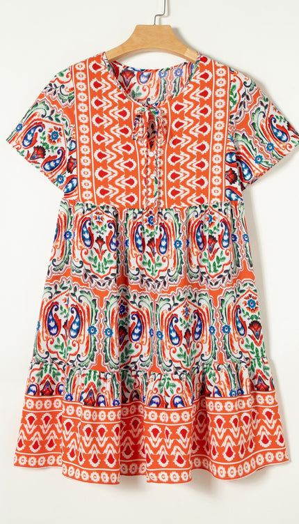 Modish Rustic Chic Print Tie Neck Short Sleeve Dress