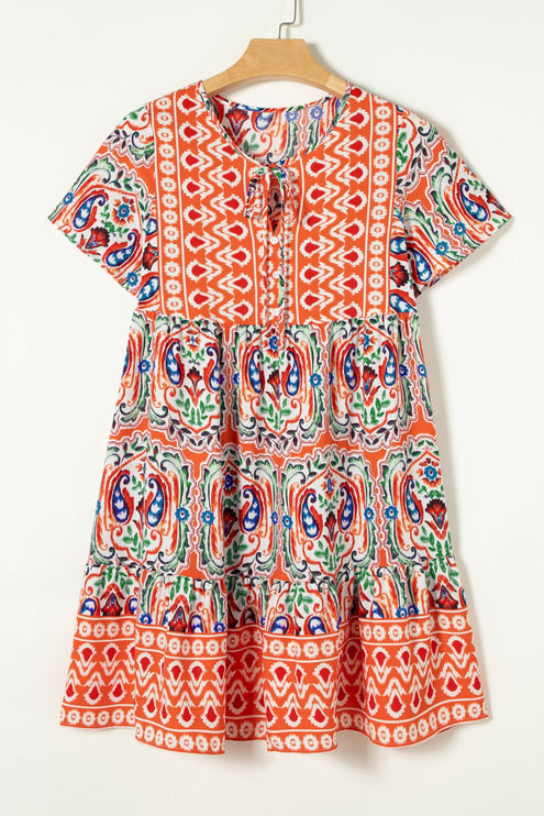 Modish Rustic Chic Print Tie Neck Short Sleeve Dress