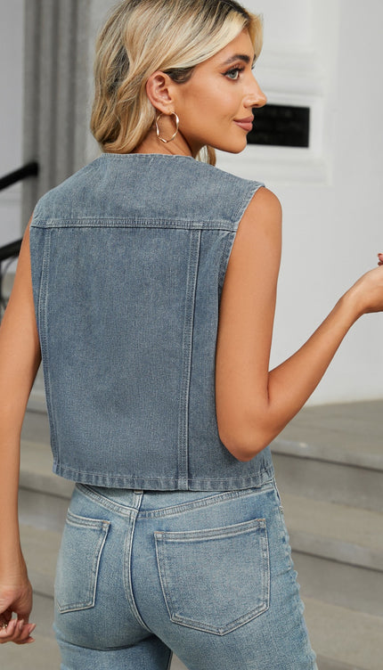 Modish V-Neck Button Down Denim Vest