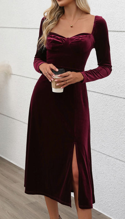 Perfee Sweetheart Neck Long Sleeve Midi Dress