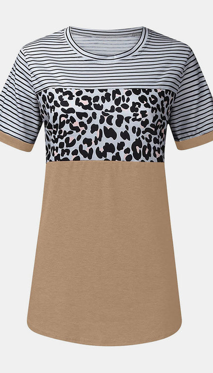 Modish Rustic Chic Striped Leopard Round Neck Shirt