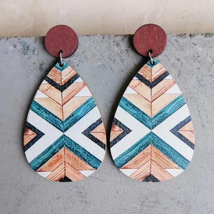 Modish Geo Western Wood Teardrop Earrings