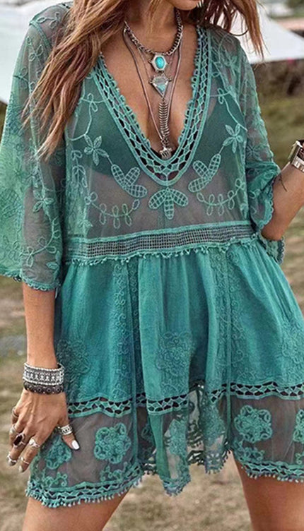 Modish Lace Detail Plunge Cover-Up Dress