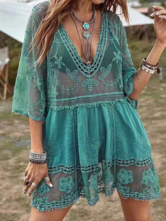 Modish Lace Detail Plunge Cover-Up Dress