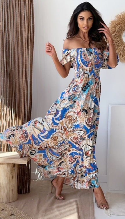 Modish Rustic Chic Smocked Print Maxi Dress