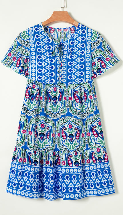 Modish Rustic Chic Print Tie Neck Short Sleeve Dress