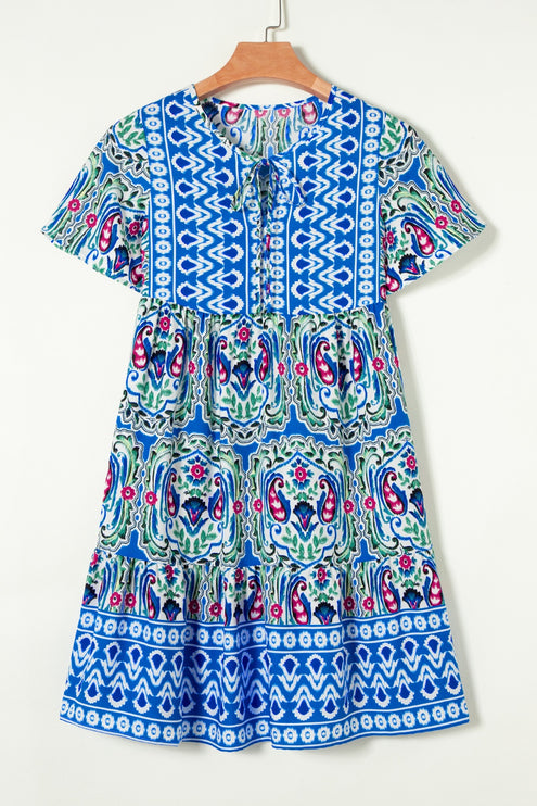 Modish Rustic Chic Print Tie Neck Short Sleeve Dress