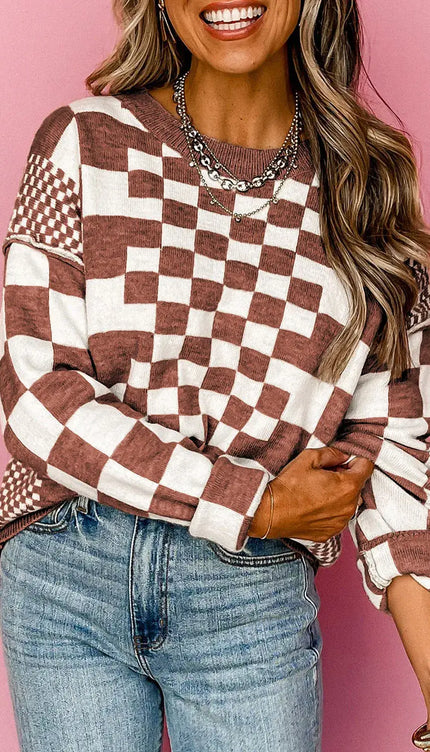 Checkered Print Drop Shoulder Round Neck Sweater