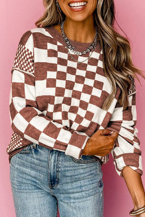 Checkered Print Drop Shoulder Round Neck Sweater