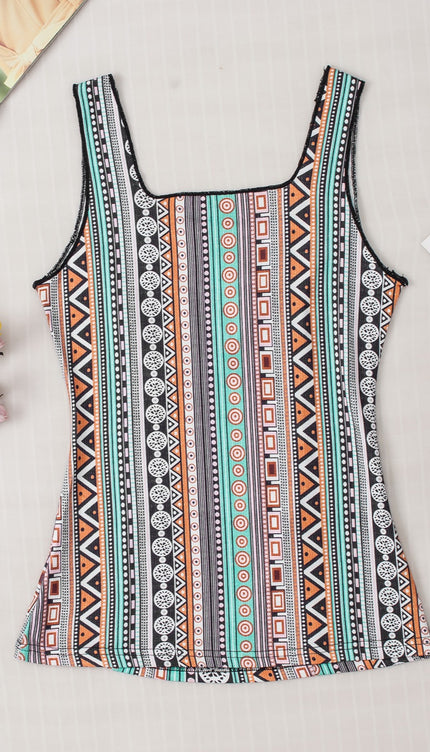 Modish Print Square Neck Wide Strap Tank