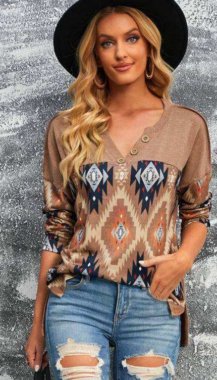 Brown Western Geo Print Buttoned V Neck Top